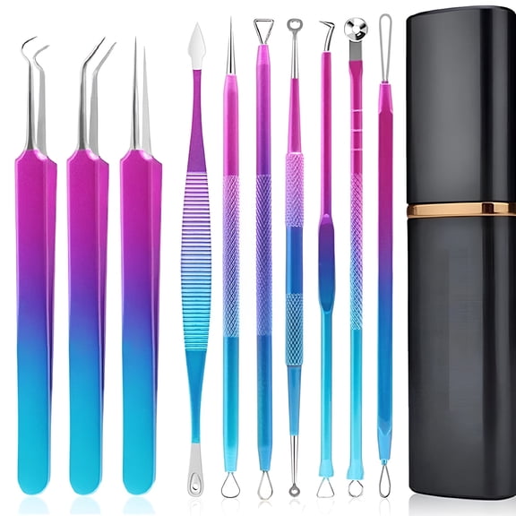 EXLEAF Blackhead Remover Extractor Tool, 10 Pcs Professional Surgical Tool Kit with Metal Case for Quick And Easy Removal of Blackheads, Pimples, Zit Removing, Facial And Nose (Colorful)