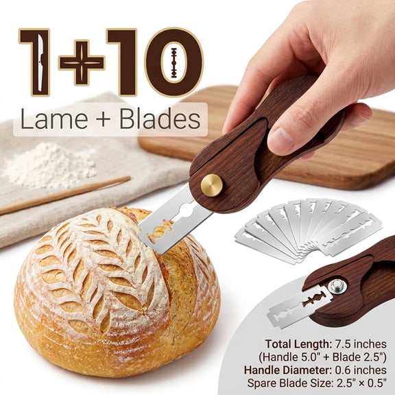 EXLEAF Bread Lame Scoring Tool with 10 Blades, Walnut Wood Handle Sourdough Scoring Knife for Artisan Baking
