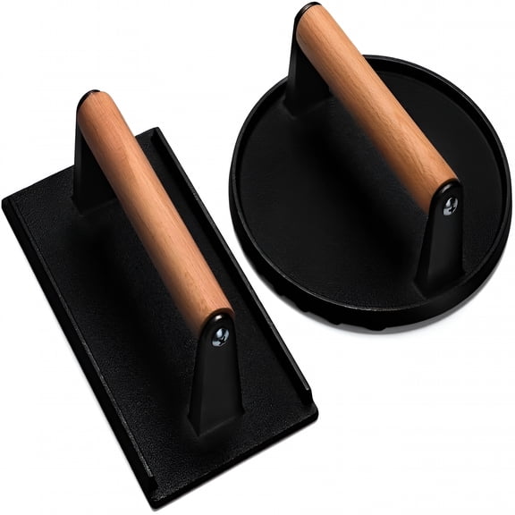 EXLEAF Burger Press,7" Round & 8.2"X4.3" Rectangle Heavy-Duty Cast Iron Smash Bacon Press Meat Steak With Wood Handle for Griddle,Sandwich,Nonstick Pan