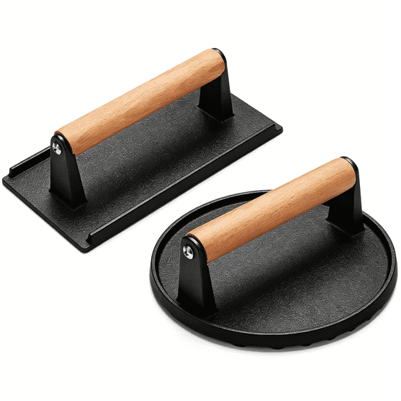 EXLEAF Burger Press,Smash Burger Press for Griddle,Heavy Duty Cast Iron Round 6.9In&Rectangular 8.2X4.2In Bacon Grill Press with Wood Handle,Meat Steak Weight for Sandwich,Paninis