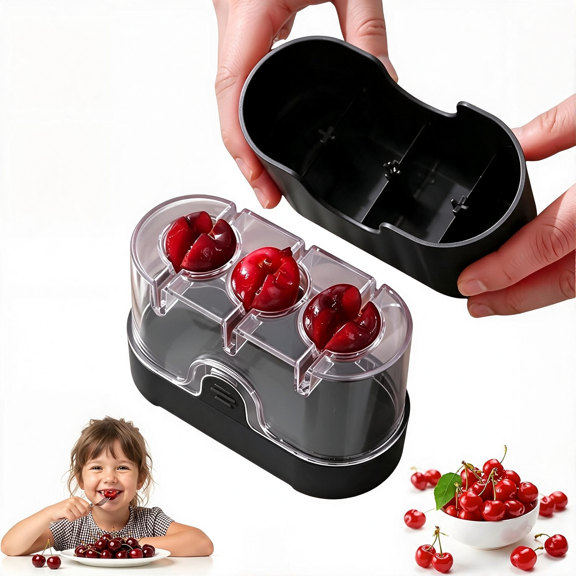 EXLEAF Cherry Pitter with Built-In Stainless Steel Slicer Blade | Halves 3 Cherries at Once, Clear Container Catches Pits, Dishwasher Safe Cherry Pit Remover for Baking, Jam Making, Baby Food