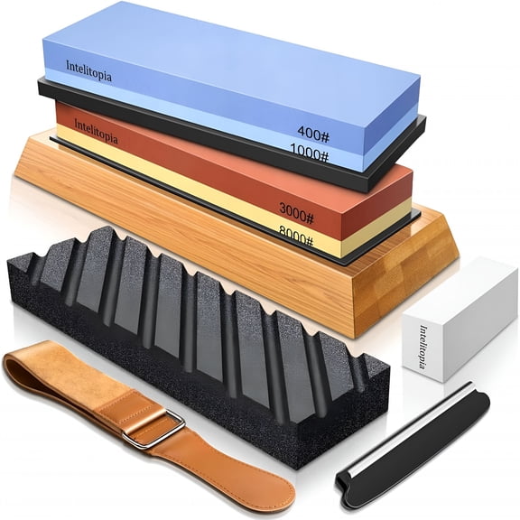 EXLEAF Complete Knife Sharpening Stone Set - Dual Grit Whetstone 400/1000 3000/8000 Knife Sharpener with Leather Strop,Flattening Stone,Bamboo Base,3 Non-Slip Rubber Bases & Angle Guide