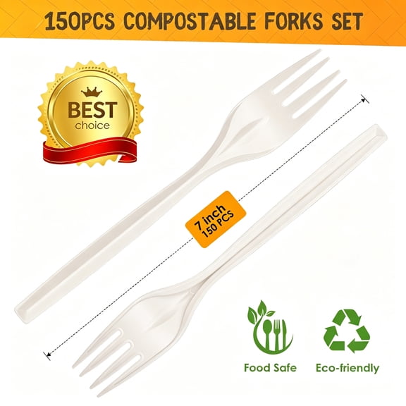 EXLEAF Compostable Forks 150 Count White Heavy-Duty Forks 7 Inch Disposable Cutlery Set Biodegradable Utensils for Party Supply