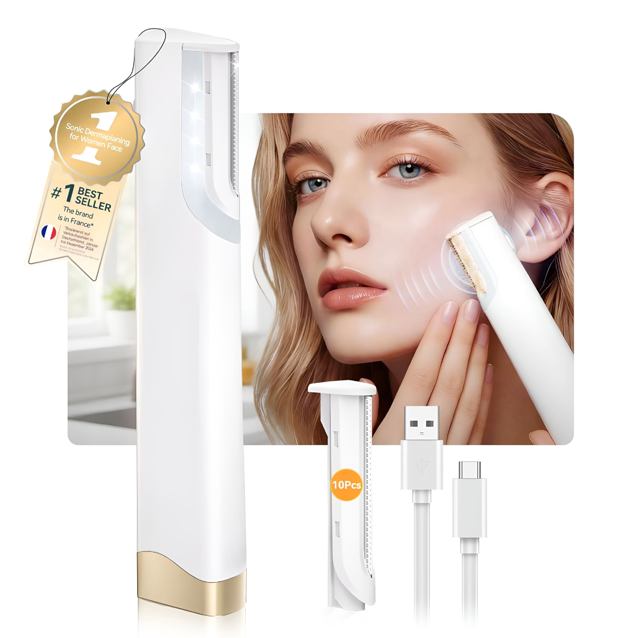 EXLEAF Dermaplaning for Women Face-Rechargeable Dermaplane Razor for Women Face,3-Speed Adjustment&White Led Light,10 Replacement Blades