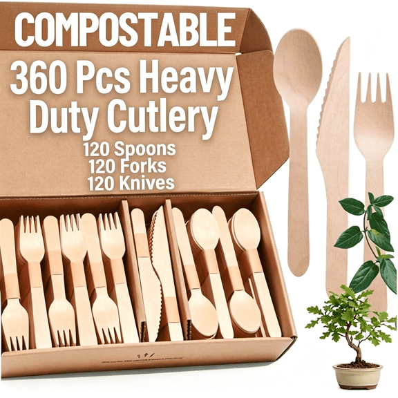 EXLEAF Disposable Wooden Cutlery Set 360 Pieces - 120 Forks,120 Spoons & 120 Knives | Birch Wood Eco-Friendly Biodegradable Utensils for Parties,Picnics & Catering