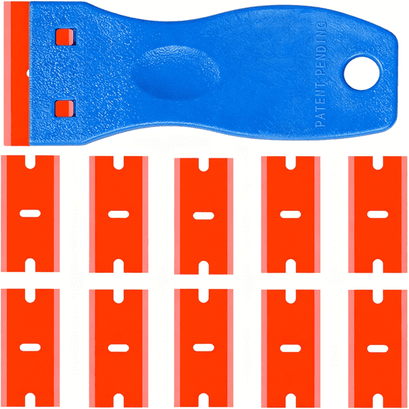 EXLEAF Double Edged Plastic Razor Blade Scrapers Knife with Contoured Grip for Scraping Labels and Decals Sticker From Glass,Windshields and Tint Vinyl Tool Application (Scraper with 10 Blades)