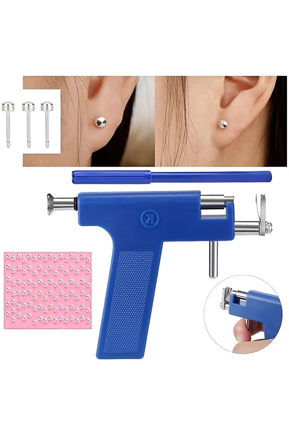 Ear Piercing Gun Kit with 98 Silver Studs, Reusable Self Piercing Tool for Earlobe Cartilage Helix Tragus, At Home Salon Piercing Set with Marker and Mirror