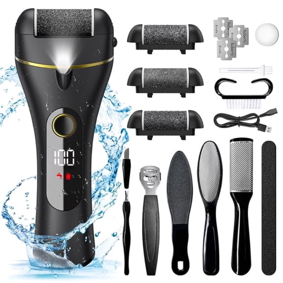 EXLEAF Electric Callus Remover for Feet,Portable Foot File Pedicure Tools,Waterproof 18 in 1 Kit for Cracked Heels,Calluses,Dead Skin,With 3 Roller Heads,2 Speed,Perfect Hands Scrubber