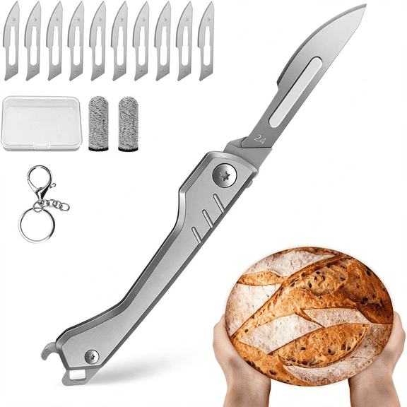 EXLEAF Folding Bread Lame Dough Scoring Tool with 10 Blades&Storage Box|Stainless Steel Bread Knife with Bottle Opener for Clean Cuts,Better Crust Expansion and Professional Baking Results