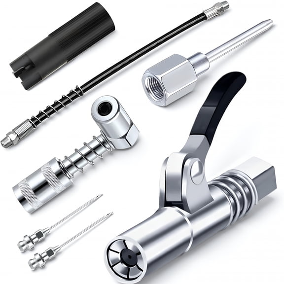 EXLEAF Grease Gun Accessory Kit, Includes Grease Needle Dispenser, 2 Pcs Grease Needle Nozzles, 90 Degree Grease Coupler Adapter with Sleeves, Grease Gun Coupler