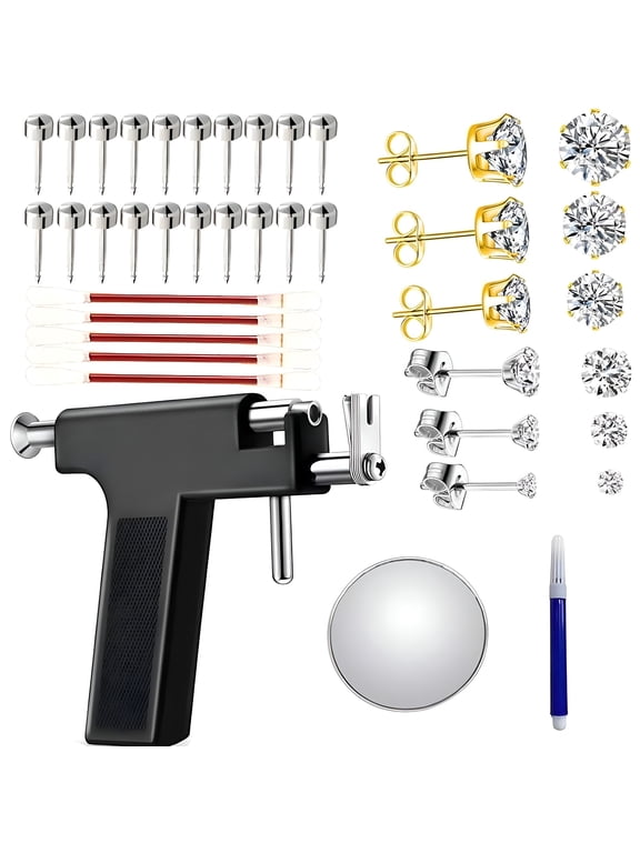 Gun Piercing with 16 Pairs Ear Studs - Reusable Ear Piercing Set Ear Piercing Gun Kit- Home Self Ear Piercer