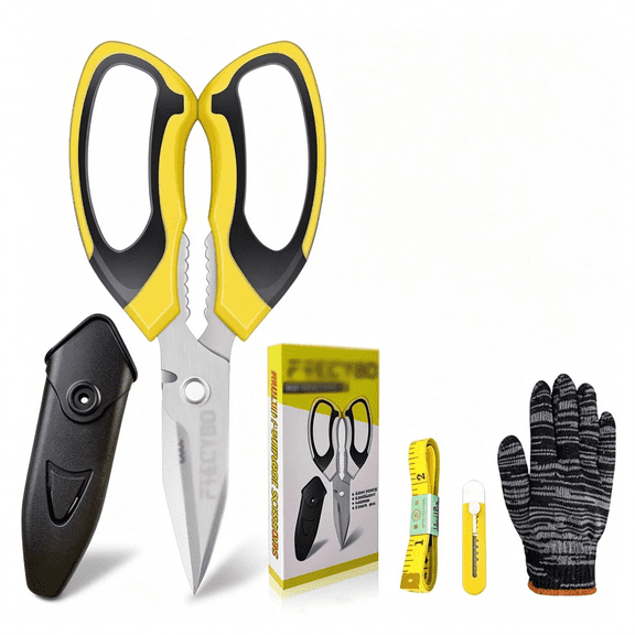 EXLEAF Heavy Duty 8 Multipurpose Scissors with Protective Cover, Stainless Steel Serrated Blades, Easy Cutting Cardboard, Leather, Fabric, Wires, Nutcracker, Yellow