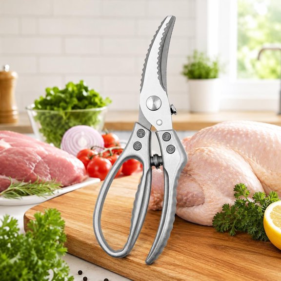 EXLEAF Heavy Duty Poultry Shears with Spring Loaded Design,Kitchen Scissors with Safety Lock&Non-Slip Handle,Silver Stainless Steel Shears for Chicken Meat