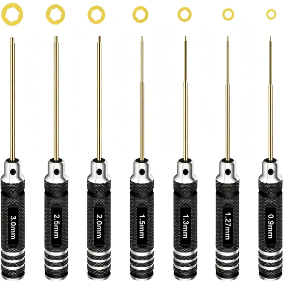 EXLEAF Hex Driver Set Hex Allen Screwdriver Kit 0.9/1.27/1.3/1.5/2.0/2.5/3.0Mm Allen Wrench Set Titanium Hexagon Screwdriver Rc Tools Kit for Rc Car Drone Multi-Axis Helicopter Models(7Pcs)