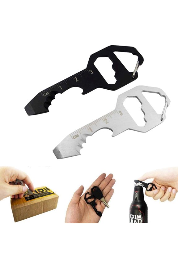 Keychain Bottle Opener Multi Tool 100% Stainless Steel Edc Gadget 6 Tools 1 Bottle Opener Wrench Screw Driver Metric Ruler Cord Cutter Universal Everyday Carry Pocket Backpack Tool