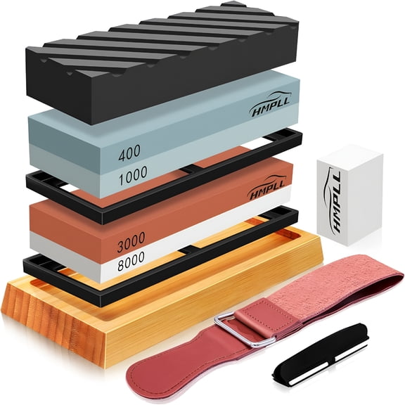 EXLEAF Knife Sharpening Stone Set,Whetstone 4 Side Grit 400/1000 3000/8000,Knife Sharpener Stone Set Include Non-Slip Base,Leather Strop,Flattening Stone & Angle Guide