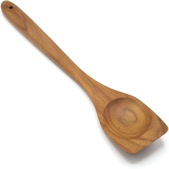 EXLEAF Left-Hand Wooden Chopper-13.5" Teak Meat Chopper for Left-Handed Cooking,Flat-Edge Tool for Breaking Up Ground Beef,Scraping & Stirring,Safe for Nonstick Cookware