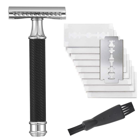 EXLEAF Long Handle Double Edge Safety Razor - Butterfly Open Razor 10 Japanese Stainless Steel Double Edge Blades - Close, Clean Shaving Razor Men., Black Long Handle