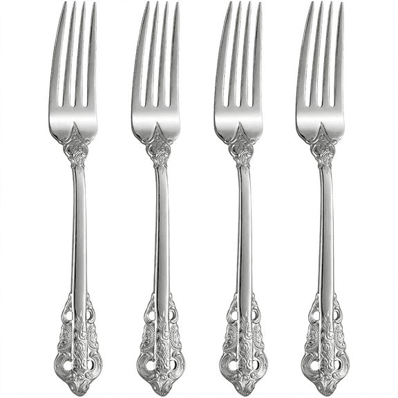 EXLEAF Luxury 4-Piece 18\/10 Stainless Steel Dinner Fork Set (Silver) | 8-Inch Ornate Baroque Dinner Forks; Silverware Forks; Brilliant Mirror Finish; Elegant Silver Finish; Dishwasher Safe