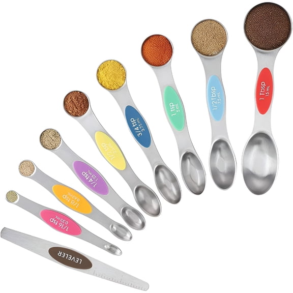 EXLEAF Magnetic Measuring Spoons Set of 9,Metal Kitchen Teaspoon Tablespoon W/Leveler for Measuring Dry Liquid Ingredients,Fits in Spice Jars,Colorful Dual Sided Stainless Steel Spoon for Cooking