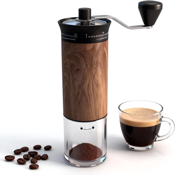 EXLEAF Mini Manual Coffee Grinder - 56 External Grind Settings,Stainless Steel Body & Crank,Ceramic Burr,Portable Hand Grinder for Travel,Camping,Home Brewing - Wood Grain