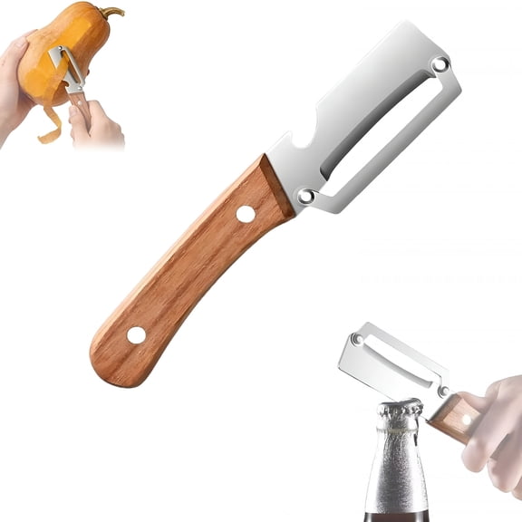 EXLEAF Multi-Functional Vegetable Peeler for Kitchen,Fruit Peeling Knife,Stainless Steel Sharp Blade with Bottle Opener,Suitable for Fruits and Vegetables,Pumpkin,Sugar Cane. (Wooden Handle)