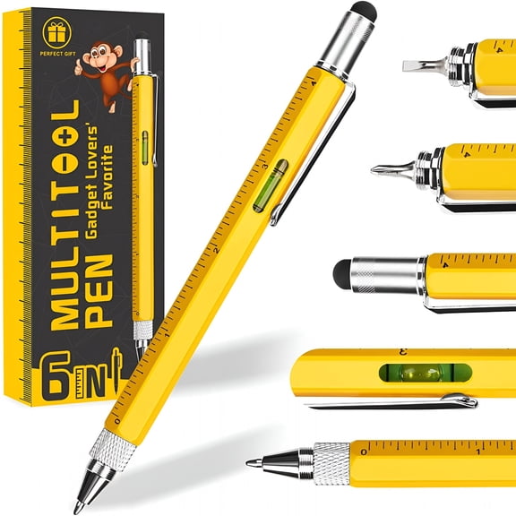 EXLEAF Multitool Pen Tools Cool Gadgets for Men - Stylus, Ruler, Level, Screwdriver - Stocking Stuffers Christmas Gifts for Men - Birthday Gifts for Dad Boyfriend Husband Him Friend Handyman - Yellow
