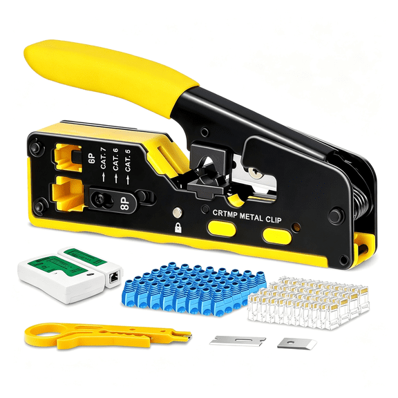 EXLEAF Pass through Rj45 Crimp Tool Kit All-In-One Ethernet Crimper Cat7 Cat6 Cat5 Crimping Tool with Network Cable Tester,50-Pack Cat6 Rj45 Pass through Connector,50-Pack Connector Boots