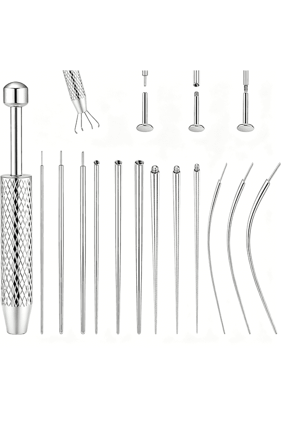 Piercing Tapered Ball Grabbing Tool for Jewelry Replacement Stainless Steel Flat Back Earring Applicator Tool Threaded,Internal/External Threaded Body Piercing Insertion Needle Kit