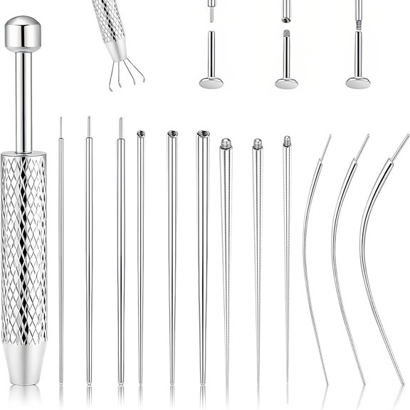 EXLEAF Piercing Tapered Ball Grabbing Tool for Jewelry Replacement-Stainless Steel Flat Back Earring Applicator Tool Threaded,Internal Threaded,External Threaded Body Piercing Insertion Needle Kit