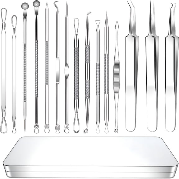 EXLEAF Pimple Popper Tool, 15 Pcs Blackhead Remover Tools Kit, Acne Extractor Tool, Professional Stainless Pimple Acne Blemish Removal Tools Set with Metal Case
