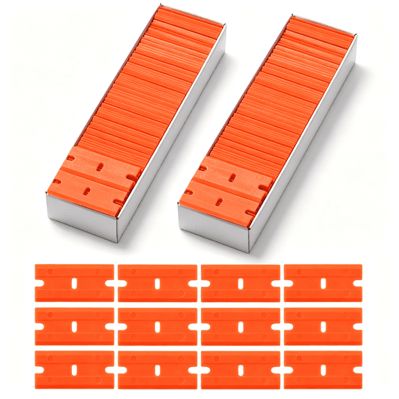 EXLEAF Plastic Razor Blades 200Pcs Double Edged 1.5In Suit for Razor Blade Scraper,Plastic Scraper for Remove Decals Stickers Adhesive Label and Glass Clean,Orange