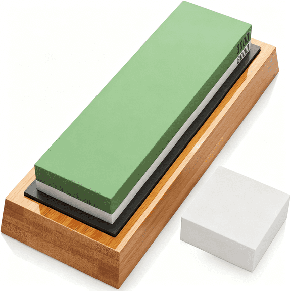 EXLEAF Premium Whetstone Knife Sharpening Stone 2 Side Grit 3000/8000 Wetstone Kit -Wetstone Kitchen Knife Sharpener with Non-Slip Bamboo Base&Flattening Stone