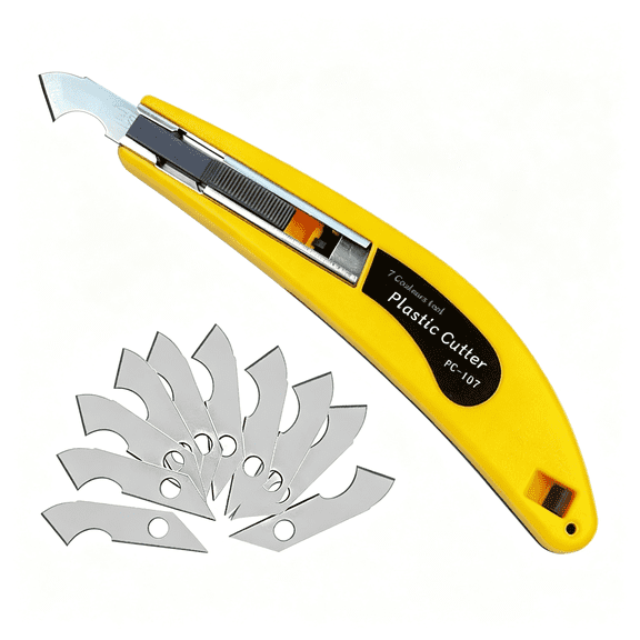 EXLEAF Professional Acrylic Plexiglass Sheet Cutter Scoring Knife Tool,With a Curved Handle,It Is More Convenient to Use.One Handle,11 Blades.(Yellow) Ergonomic Plexiglass Cutter