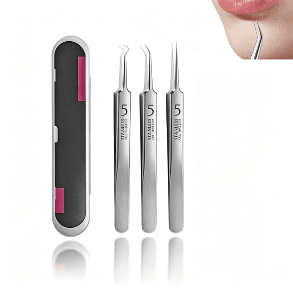 EXLEAF Professional Blackhead Remover Tweezers Set, Stainless Steel Pimple Extractor Tool Kit with Straight, Angled and Curved Tips, 3 Piece Set with Storage Case