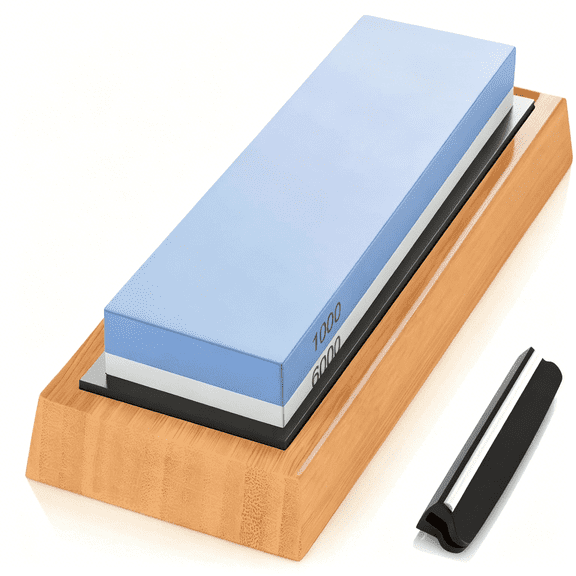 EXLEAF Professional Knife Sharpener&Sharpening Stone Set: 1000/6000 Grit Dual-Sided Whetstone(7"X2.4"X1.2")With Bamboo Base,Non-Slip Silicone Holder,Angle Guide&Leather Strop Kit