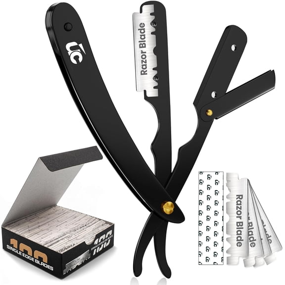 EXLEAF Professional Straight Razor for Men,Barber Straight Edge Razor Safety with 100 Pack Blades,Black