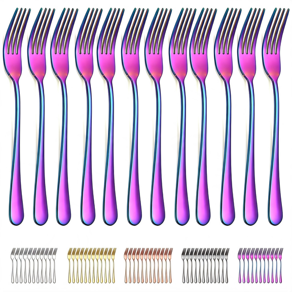 EXLEAF Rainbow Dinner Fork 12 Pieces, Rainbow Titanium Plating Stainless Steel 8.07Inch Forks, Cake Forks, Table Forks,Dessert Forks, Easy to Clean, Dishwasher Safe