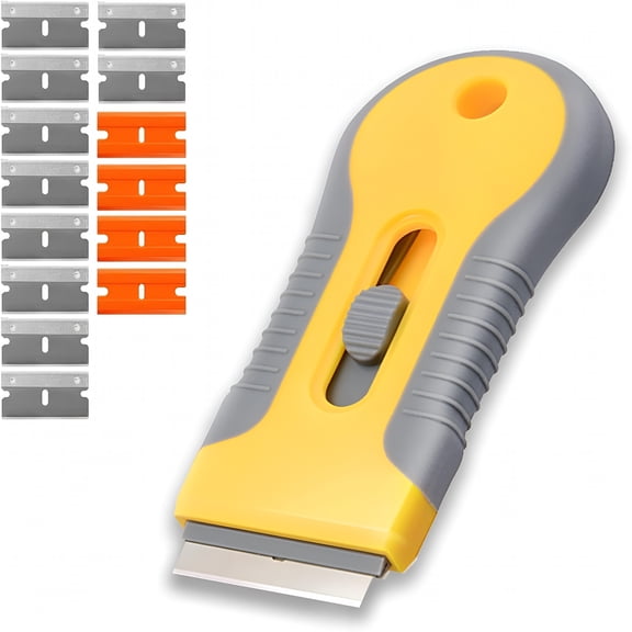 EXLEAF Razor Blade Scraper with 15 Pcs Extra Blades, Scraper Tool, Retractable Razor Blade, Paint Stripping Tool, Cleaning Tool for Removing Labels, Stickers, Decals, Paint from Glass and Stovetop