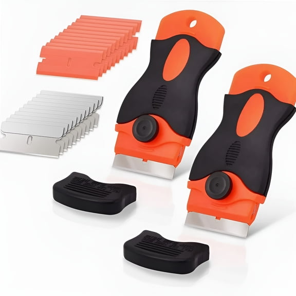 EXLEAF Razor Blade Scraper 2Pcs Cooktop Scraper Handle Adhesive Scraper with 10 Carbon Steel and 10 Plastic Blades for Removing Label,Sticker,Paint,Decals,Tint,Glue Residue From Glass Window Cooktop