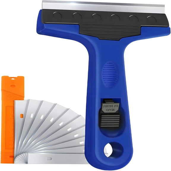 EXLEAF Razor Blade Scraper, 4" Scraper Tool with 10 Extra Replacement Metal Blades, Razor Scraper Remover for Cleaning Paint, Adhesive, Label, Decal, Sticker from Window, Glass, Tile, Floor