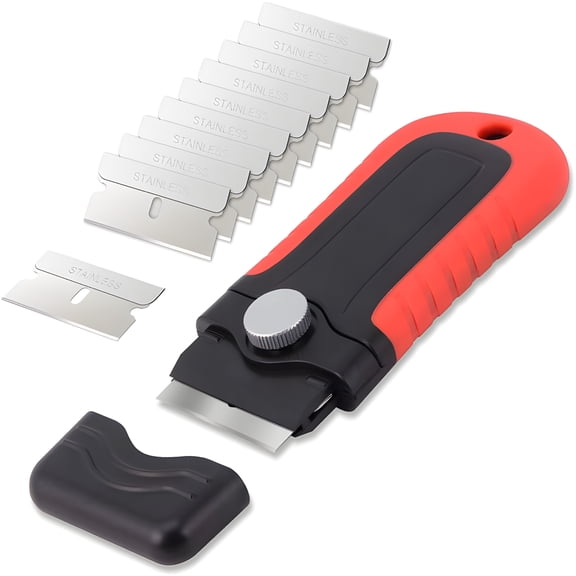 EXLEAF Razor Blade Scraper Tool with Blade Storage Container, Glass Cooktop Stove Scraper with 10 Pcs Stainless Steel Blades for Glass Clean, Paint, Old Label, Decal Sticker, Adhesive Remover