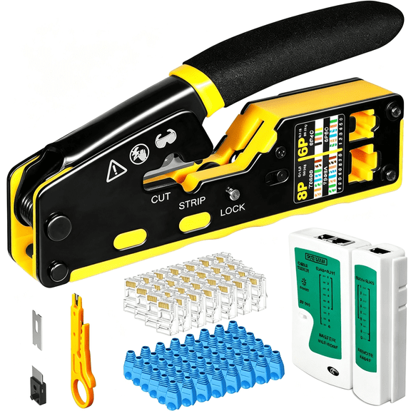 EXLEAF Rj45 Crimp Tool Pass through Kit Ethernet Crimper Cat5 Cat5E Cat6 Crimping Tool for Rj11/Rj12 6P/8P with Network Lan Cable Tester,50Pcs Cat6 Connectors,50Pcs Boots,Mini Cable Stripper