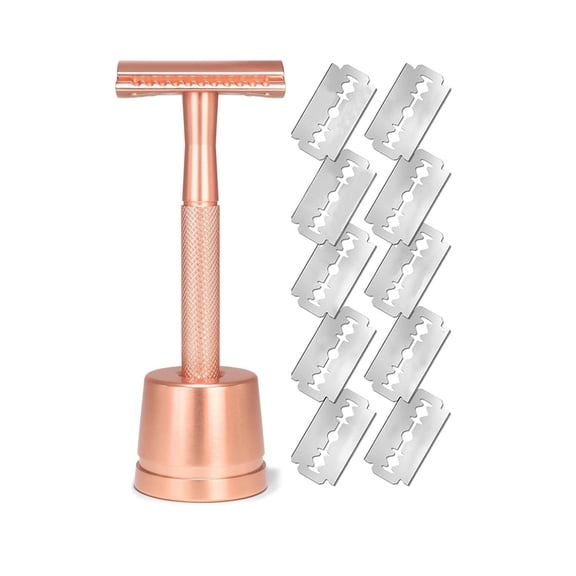 EXLEAF Rose Gold Safety Razor with Stand-Single Blade Razors for Women-Reusable Metal Razor,With 10 Double Edge Blades,Smooth&Close Shave
