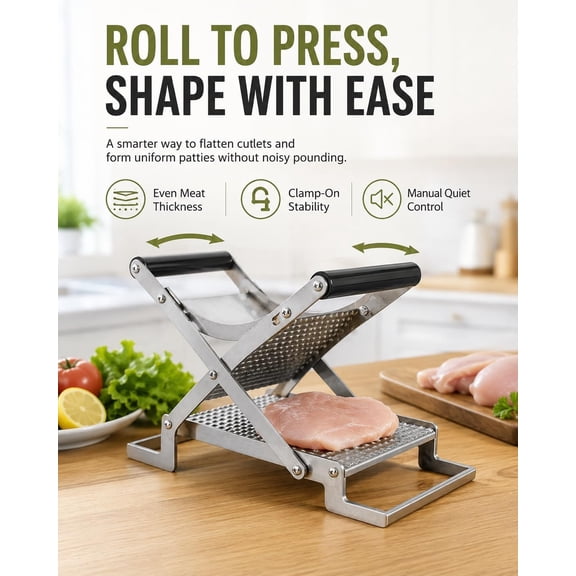 EXLEAF Schnitzel Press Machine, Stainless Steel Manual Meat Tenderizer, Clamp-On Chicken Cutlet Flattener and Patty Maker for Beef Pork Steak, Kitchen Gadget for Home Bbq Cooking Meal Prep Tool
