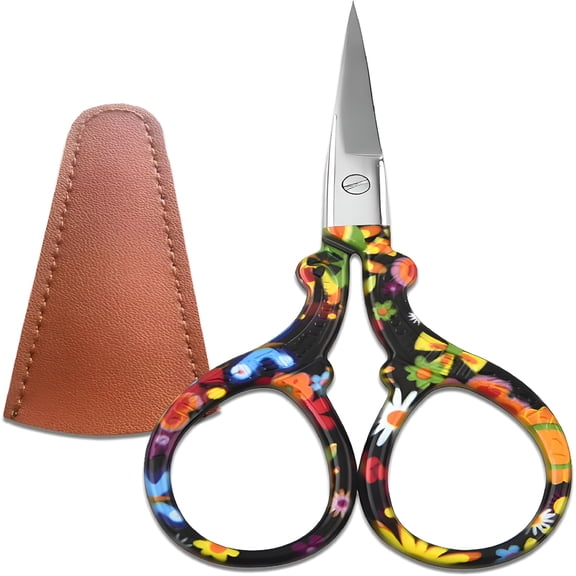 EXLEAF Sharp Embroidery and Crafting Scissors with Leather Cover,3.62 Inch Stainless Steel Stork Shaped Scissors for Needlework and Diy Crafts,Black Flower
