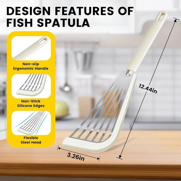 EXLEAF Silicone Fish Spatula, Heat Resistant Silicone Edge for Nonstick Cookware, Fish Turner for Kitchen Use, Flexible and Thin Stainless Steel Cooking Utensils, 12.2 * 3.42 Inch, White