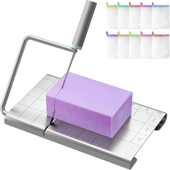 EXLEAF Soap Cutter Kit for Soap Making-Equipped with 10PCS Mesh Soap Bags Set,Stainless Steel Soap Slicer Machine with Scale Soap Cutting Tool Professional for DIY Handmade Soap&Candle,Bar Soap Pouch