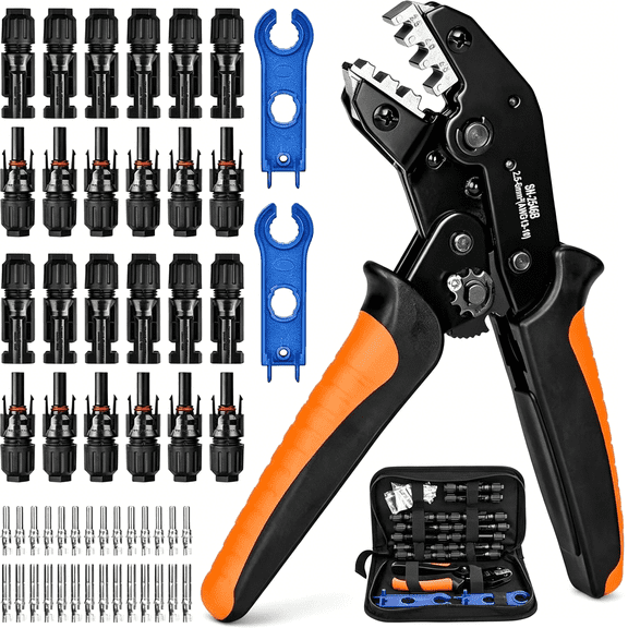 EXLEAF Solar Crimper Tool Kit - Crimper, 12 Pairs Connectors, 2 Spanner Wrench for 14-10 Awg Solar Panel Cable Wire Crimping Pv Assembly and Installation
