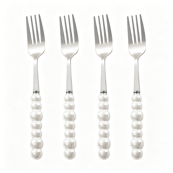 EXLEAF Stainless Steel Forks, Ceramic Handle Forks, Korean Dessert Fork with Imitation Pearl Handle, 7.5 Inches,4 Pieces Cute Forks(White)